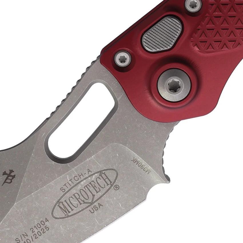 Microtech Auto Stitch Button Lock Knife Auto Opening 5 Inch Closed Merlot Aluminum Handle Wharncliffe Blade For EDC by Microtech