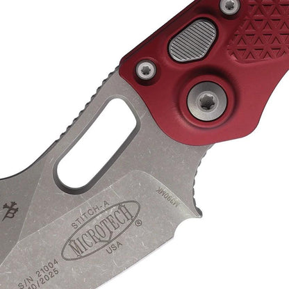 Microtech Auto Stitch Button Lock Knife Auto Opening 5 Inch Closed Merlot Aluminum Handle Wharncliffe Blade For EDC by Microtech