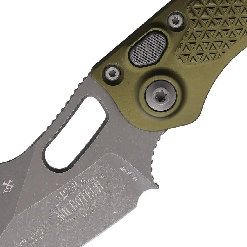 Microtech Auto Stitch S E Button Lock Knife With OD Green Aluminum Handle For Knife Enthusiasts Wharncliffe Blade by Microtech
