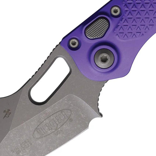 Microtech Auto Stitch S E Button Lock Knife Automatic Opening Purple Aluminum Handle Wharncliffe Blade For Tactical EDC by Microtech