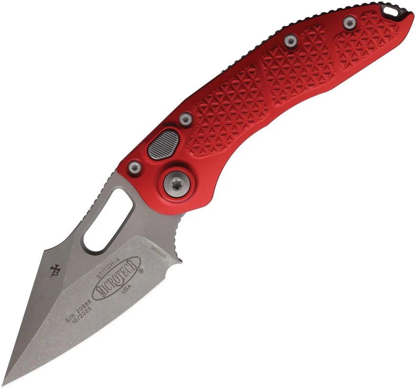 Microtech Auto Stitch SE Button Lock Knife for EDC Fans, Automatic Opening, 5in Closed, Wharncliffe Blade, Aluminum
