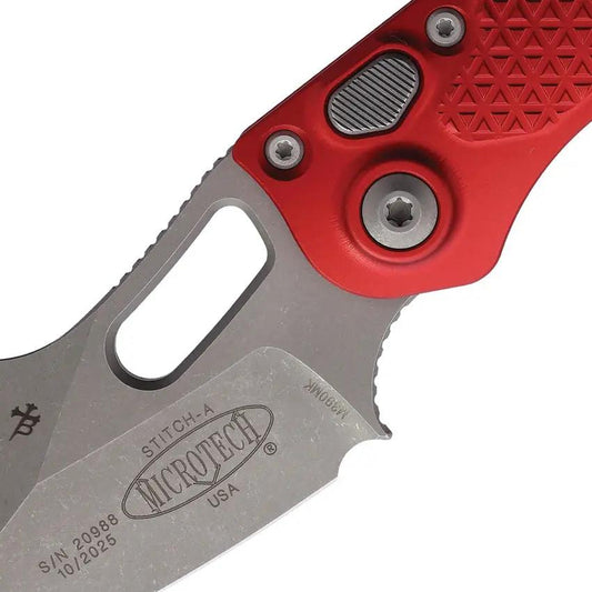 Microtech Auto Stitch SE Button Lock Knife for EDC Fans, Automatic Opening, 5in Closed, Wharncliffe Blade, Aluminum by Microtech