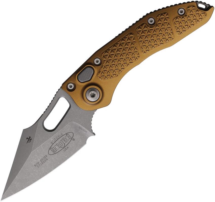 Microtech Auto Stitch SE Button Lock Knife Automatic Opening Wharncliffe Apocalyptic Tan For EDC Enthusiasts by Microtech