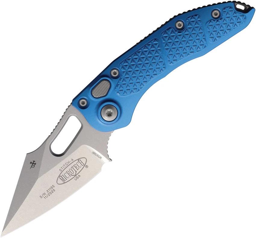 Microtech Auto Stitch S E Button Lock Knife With Automatic Opening, 3.75in Wharncliffe Blade, Blue Aluminum Handle, EDC by Microtech
