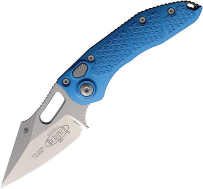 Microtech Auto Stitch S E Button Lock Knife With Automatic Opening, 3.75in Wharncliffe Blade, Blue Aluminum Handle, EDC by Microtech