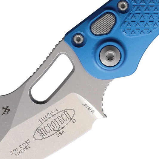 Microtech Auto Stitch S E Button Lock Knife With Automatic Opening, 3.75in Wharncliffe Blade, Blue Aluminum Handle, EDC by Microtech