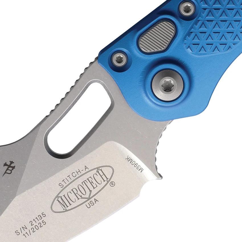 Microtech Auto Stitch S E Button Lock Knife With Automatic Opening, 3.75in Wharncliffe Blade, Blue Aluminum Handle, EDC by Microtech