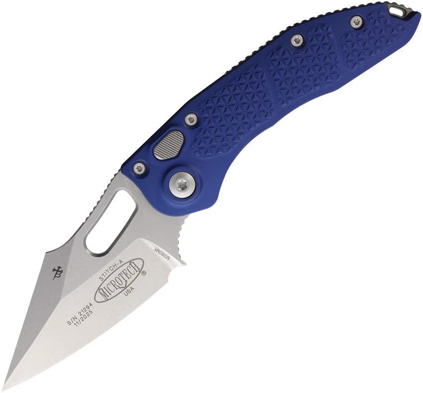 Microtech Auto Stitch SE Button Lock Knife For EDC Enthusiasts With Automatic Opening 3.75in Wharncliffe Blade Navy Aluminum