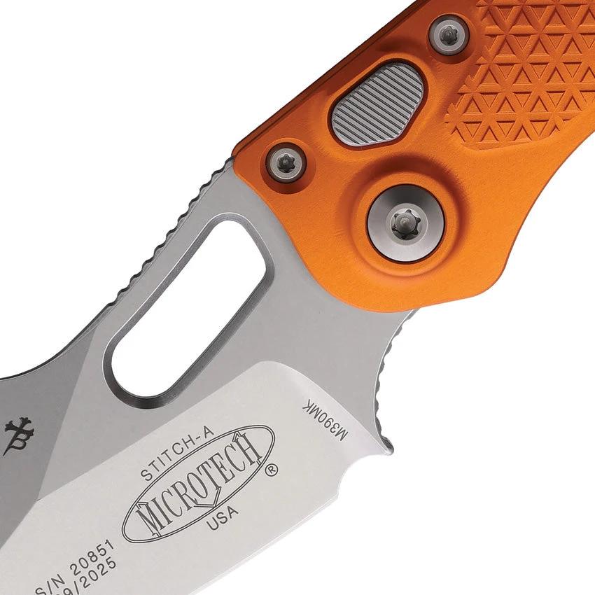 Microtech Auto Stitch SE Button Lock Knife Automatic Opening 5 Inch Closed Orange Aluminum Handle For EDC Enthusiasts by Microtech