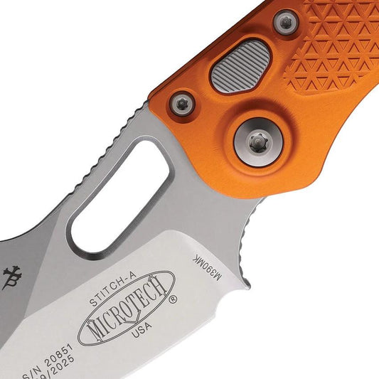 Microtech Auto Stitch SE Button Lock Knife Automatic Opening 5 Inch Closed Orange Aluminum Handle For EDC Enthusiasts by Microtech