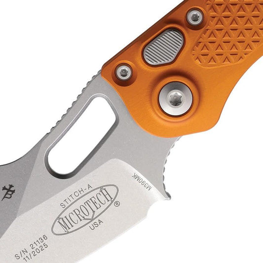 Microtech Auto Stitch SE Button Lock Knife For Enthusiasts With Orange Aluminum Handle And Wharncliffe Blade by Microtech