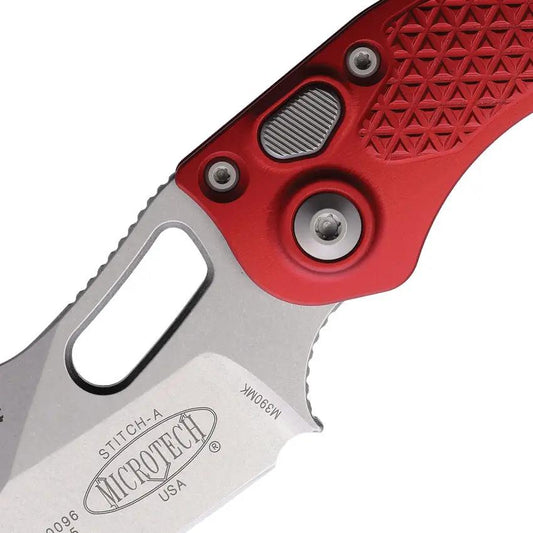 Microtech Auto Stitch SE Button Lock Knife With Wharncliffe Blade And Red Aluminum Handle EDC Enthusiasts by Microtech