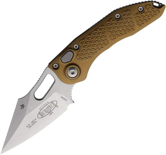 Microtech Auto Stitch SE Button Lock Knife Automatic Opening For EDC Enthusiasts With Tan Aluminum Handle
