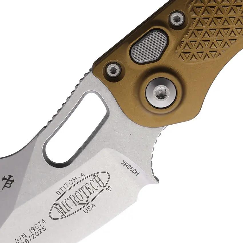 Microtech Auto Stitch SE Button Lock Knife Automatic Opening For EDC Enthusiasts With Tan Aluminum Handle by Microtech