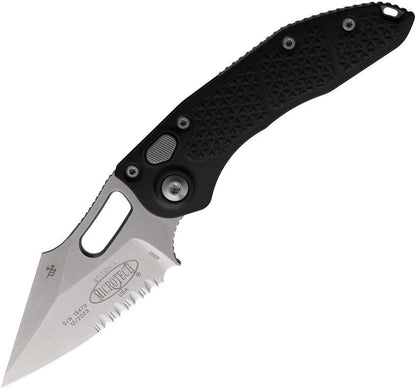 Microtech Auto Stitch SE Button Lock Knife With Auto Opening Wharncliffe Blade 5in Closed Stonewashed Black Aluminum EDC