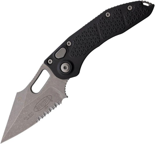 Microtech Auto Stitch S E Button Lock AP16911AP Premium Serrated Wharncliffe Blade Black Aluminum Handle For EDC