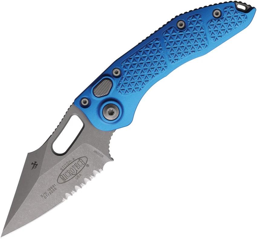 Microtech Auto Stitch Button Lock Knife Blue Aluminum Handle with Partial Serrated Wharncliffe Blade For EDC Enthusiasts by Microtech