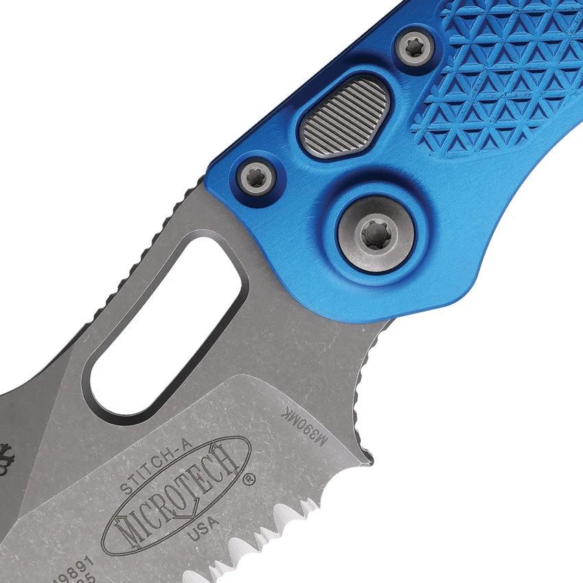 Microtech Auto Stitch Button Lock Knife Blue Aluminum Handle with Partial Serrated Wharncliffe Blade For EDC Enthusiasts by Microtech