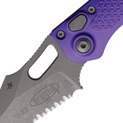 Microtech Auto Stitch SE Button Lock Knife One Hand Opening Premium Purple Aluminum Handle Wharncliffe Blade For EDC by Microtech