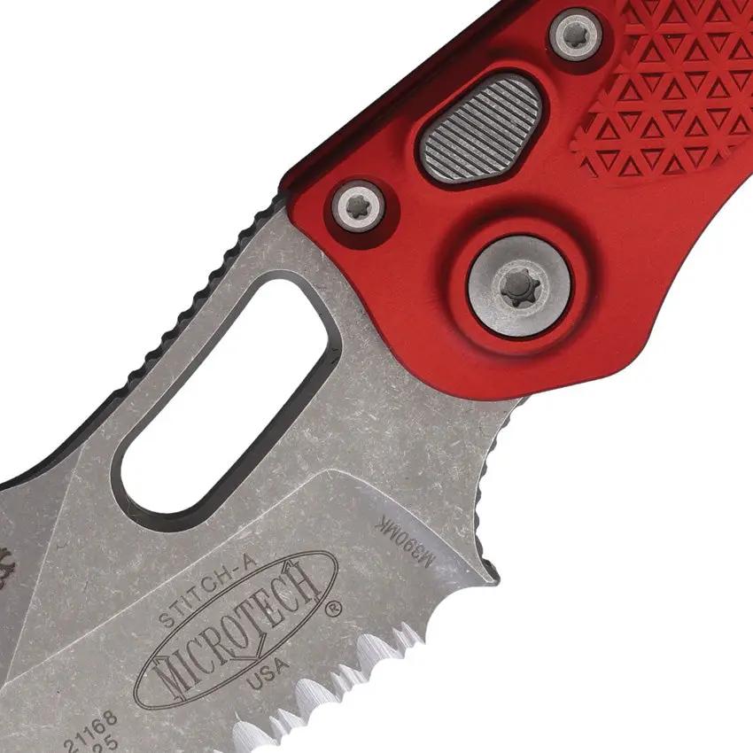 Microtech Auto Stitch SE Button Lock Automatic Knife For EDC Enthusiasts With Red Aluminum Handle Wharncliffe Blade by Microtech