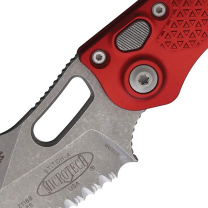 Microtech Auto Stitch SE Button Lock Automatic Knife For EDC Enthusiasts With Red Aluminum Handle Wharncliffe Blade by Microtech
