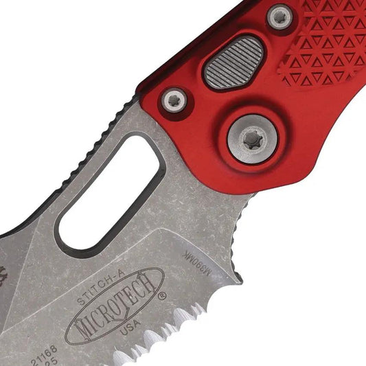 Microtech Auto Stitch SE Button Lock Automatic Knife For EDC Enthusiasts With Red Aluminum Handle Wharncliffe Blade by Microtech