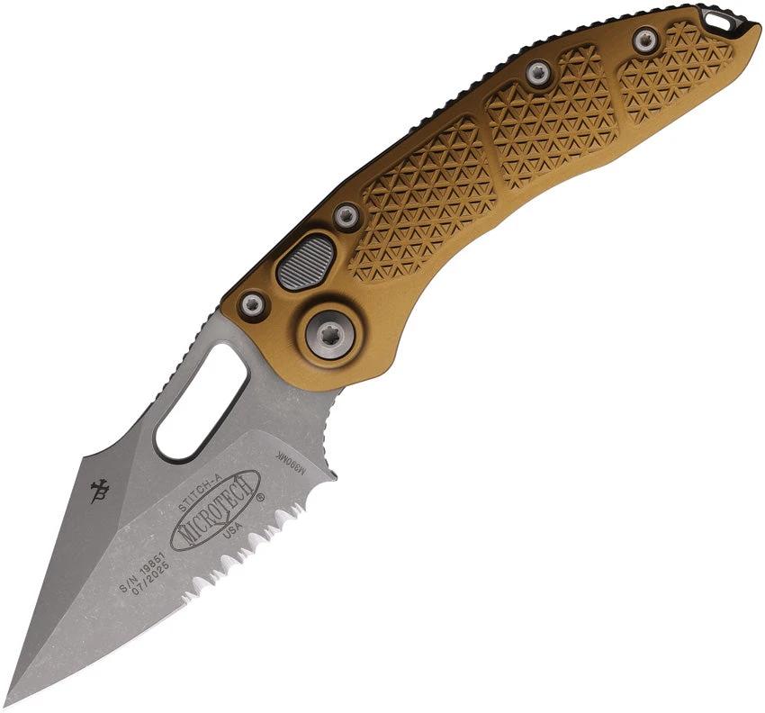 Microtech Auto Stitch SE Button Lock Knife Automatic Opening Tan Aluminum Handle Wharncliffe Blade EDC Ready