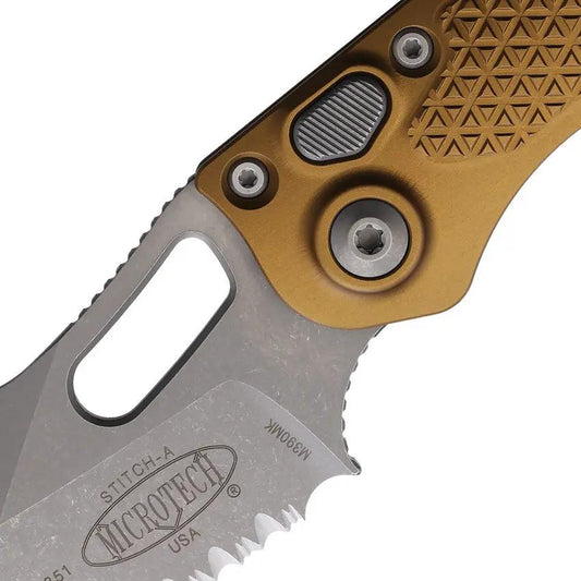 Microtech Auto Stitch SE Button Lock Knife Automatic Opening Tan Aluminum Handle Wharncliffe Blade EDC Ready by Microtech