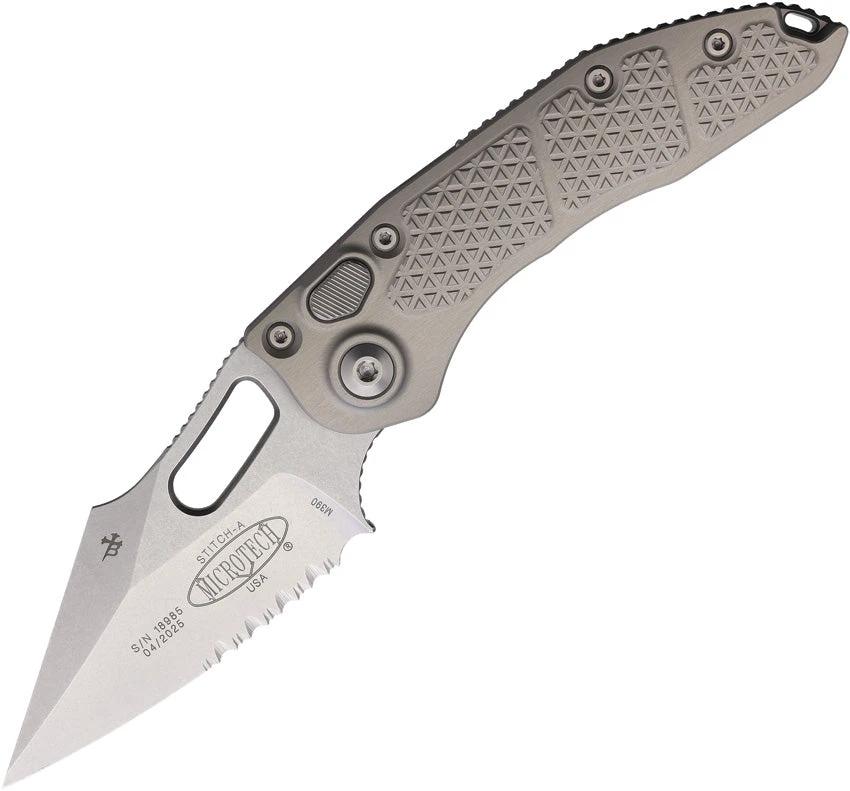 Microtech Auto Stitch SE Button Lock Knife With Auto Opening 5in Closed 3.75in Wharncliffe Blade Aluminum Handle EDC