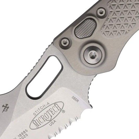 Microtech Auto Stitch SE Button Lock Knife With Auto Opening 5in Closed 3.75in Wharncliffe Blade Aluminum Handle EDC by Microtech