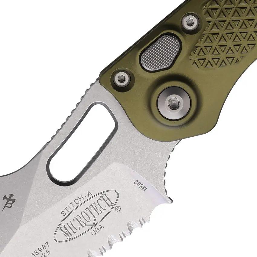 Microtech Auto Stitch Button Lock Knife OD Green Handle Automatic Opening 3.75in Bohler M390 Stonewash EDC Enthusiasts by Microtech