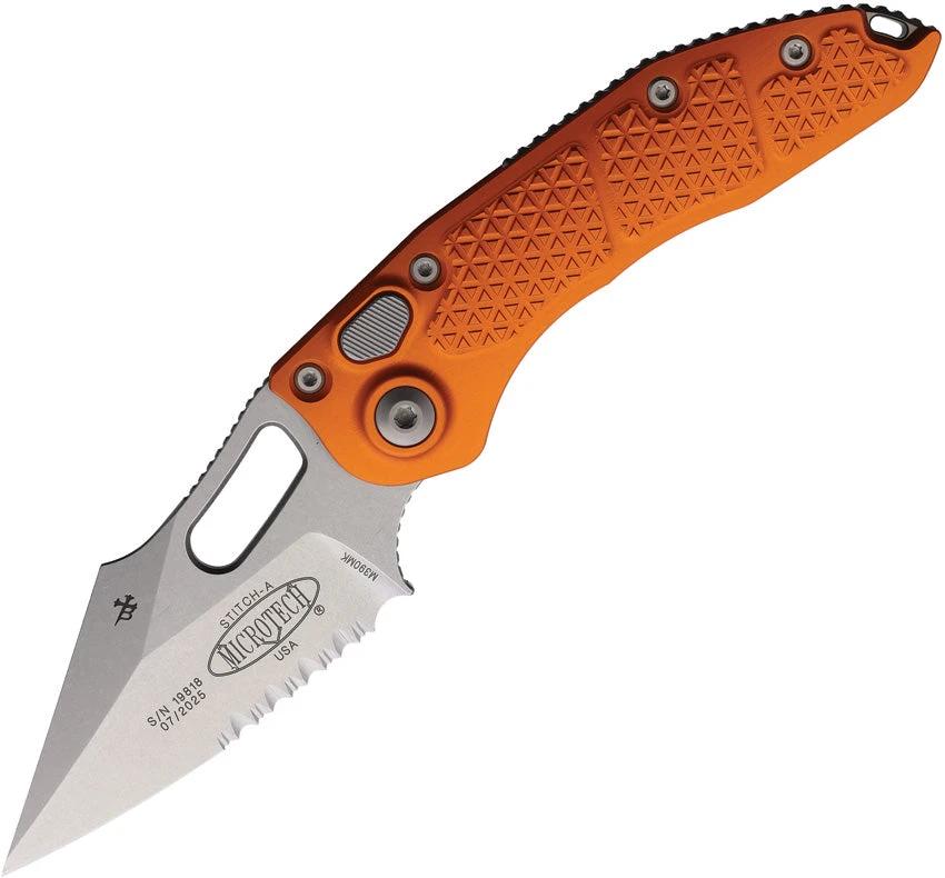Microtech Auto Stitch Serrated Edge Button Lock Knife Automatic Opening Orange Aluminum Handle 5 Inch Closed EDC