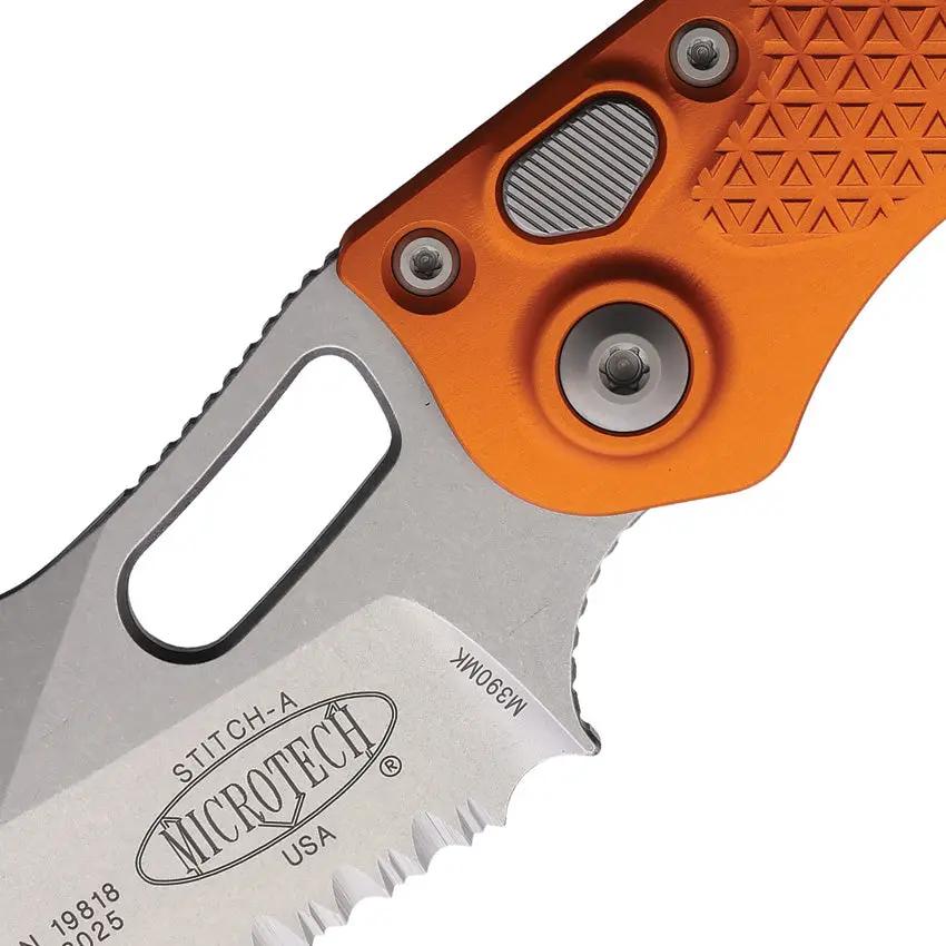 Microtech Auto Stitch Serrated Edge Button Lock Knife Automatic Opening Orange Aluminum Handle 5 Inch Closed EDC by Microtech