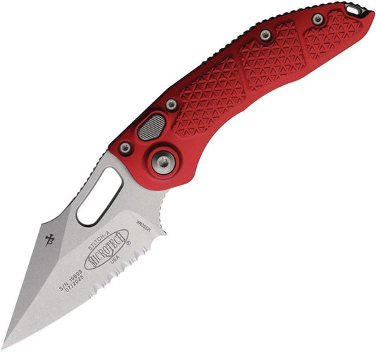 Microtech Auto Stitch S E Button Lock Knife Red Aluminum Handle Premium Steel EDC Wharncliffe Blade 3.75 Inch