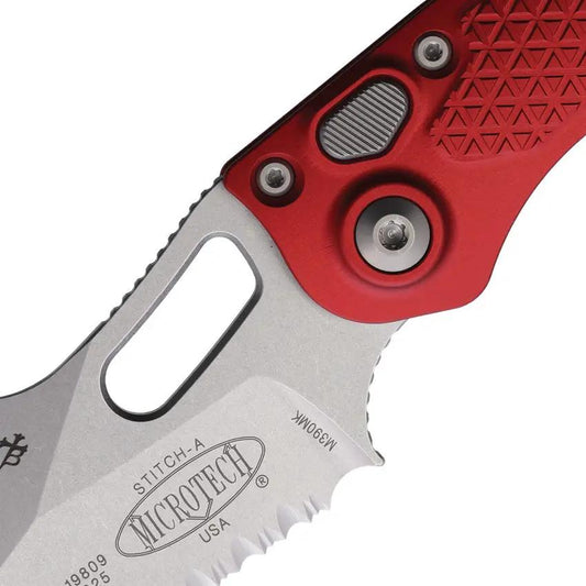 Microtech Auto Stitch S E Button Lock Knife Red Aluminum Handle Premium Steel EDC Wharncliffe Blade 3.75 Inch by Microtech