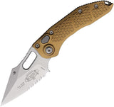 Microtech Auto Stitch Folding Knife Automatic Opening Button Lock Tactical 5 Inch Closed Tan Handle Wharncliffe