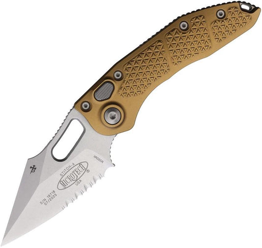 Microtech Auto Stitch Folding Knife Automatic Opening Button Lock Tactical 5 Inch Closed Tan Handle Wharncliffe