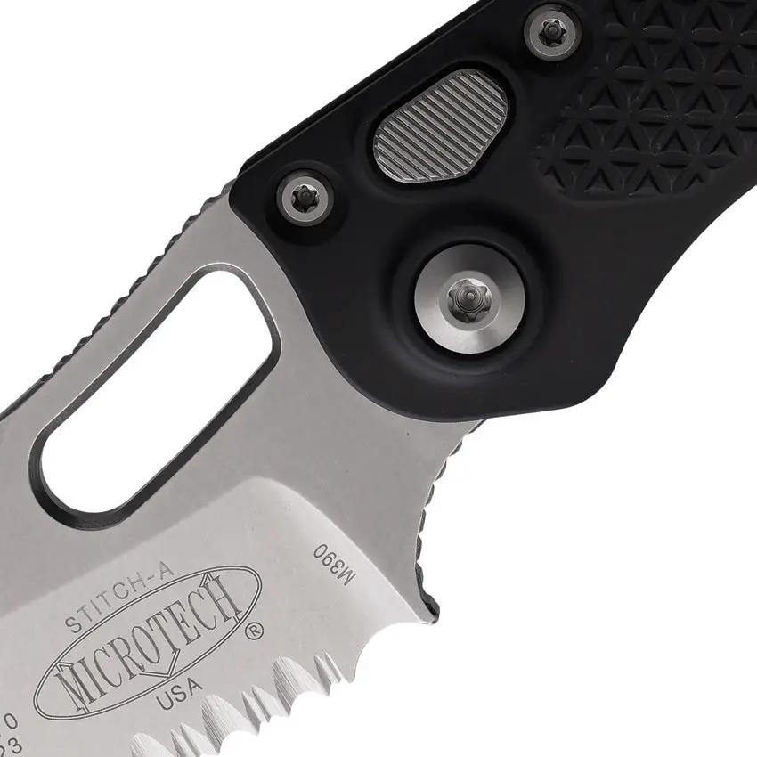 Microtech Auto Stitch SE Button Lock Knife With Auto Opening Wharncliffe Blade 5in Closed Stonewashed Black Aluminum EDC by Microtech