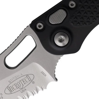 Microtech Auto Stitch SE Button Lock Knife With Auto Opening Wharncliffe Blade 5in Closed Stonewashed Black Aluminum EDC by Microtech