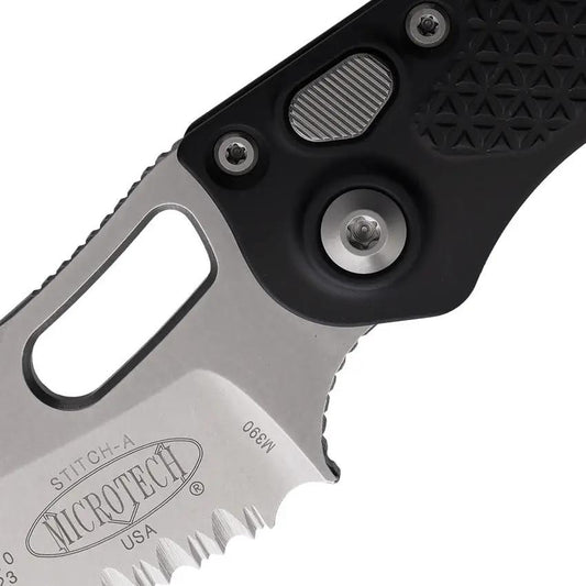 Microtech Auto Stitch SE Button Lock Knife With Auto Opening Wharncliffe Blade 5in Closed Stonewashed Black Aluminum EDC by Microtech