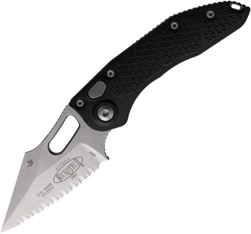 Microtech Auto Stitch SE Button Lock Knife For EDC Enthusiasts, Automatic Opening, 3.75in Serrated Wharncliffe Blade by Microtech