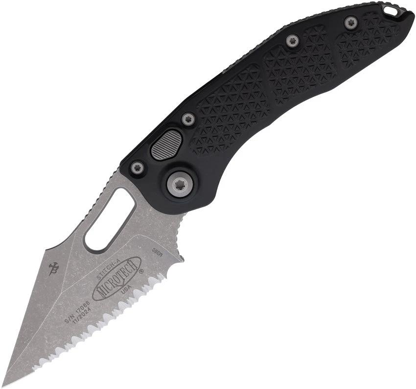 Microtech Auto Stitch SE Button Lock Knife Automatic Opening 5in Closed Wharncliffe Serrated Blade For EDC Enthusiasts by Microtech