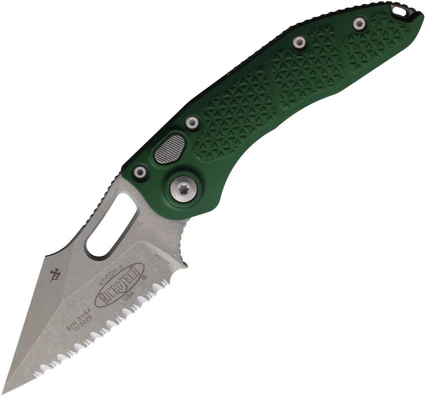 Microtech Auto Stitch SE Button Lock EDC Knife With Automatic Opening Serrated Wharncliffe Blade Emerald Green Handle by Microtech