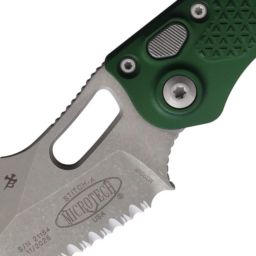 Microtech Auto Stitch SE Button Lock EDC Knife With Automatic Opening Serrated Wharncliffe Blade Emerald Green Handle by Microtech