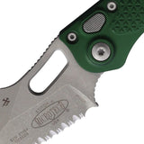 Microtech Auto Stitch SE Button Lock EDC Knife With Automatic Opening Serrated Wharncliffe Blade Emerald Green Handle by Microtech