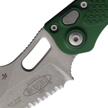 Microtech Auto Stitch SE Button Lock EDC Knife With Automatic Opening Serrated Wharncliffe Blade Emerald Green Handle by Microtech