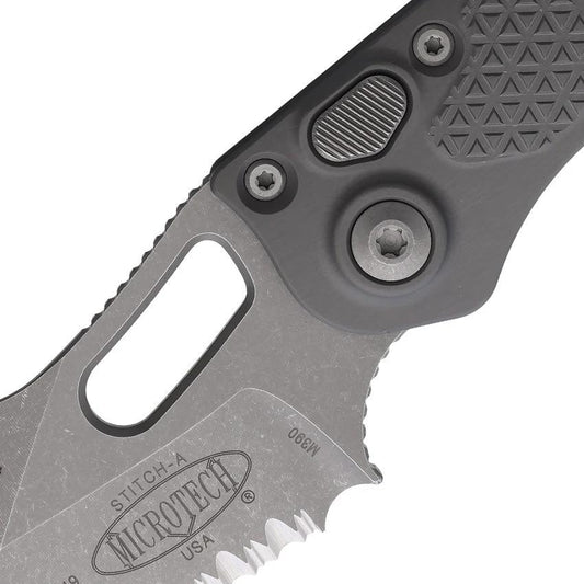 Microtech Auto Stitch S E Button Lock Knife For EDC Enthusiasts Automatic Opening Serrated Wharncliffe Blade by Microtech
