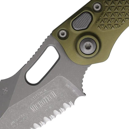 Microtech Auto Stitch SE Button Lock Knife Automatic Opening For EDC Enthusiasts Serrated Wharncliffe OD Handle by Microtech