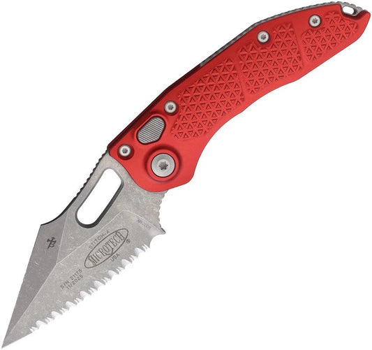 Microtech Auto Stitch SE Button Lock Knife Apocalyptic Finish Wharncliffe Blade Red Aluminum Handle For EDC Enthusiasts