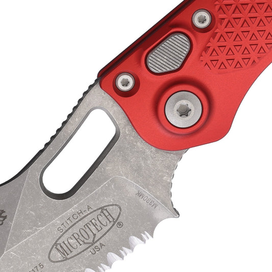 Microtech Auto Stitch SE Button Lock Knife Apocalyptic Finish Wharncliffe Blade Red Aluminum Handle For EDC Enthusiasts by Microtech